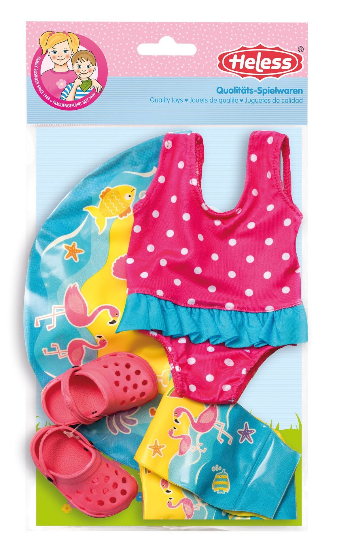 Puppenschwimmset 6-teilig Badeanzug, Clogs, Fl&#252;geli und Schwimmring