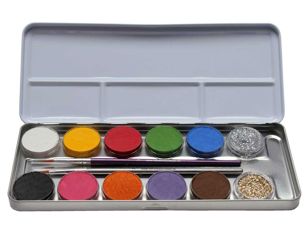 Schminkpalette 12-er Metallbox, 10 Farben und 2 Glitter, Pinsel, Pads