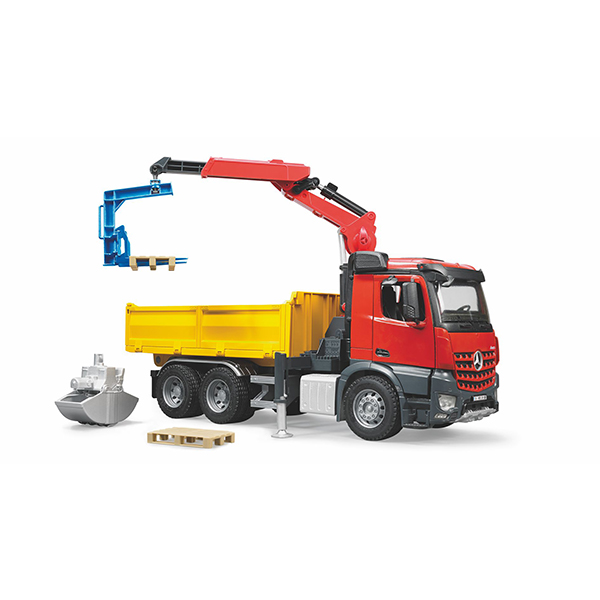 MB Arocs LKW Baustelle mit Kran, Schaufelgreifer, 2 Paletten Profi-Serie 54.5x18.5x27cm