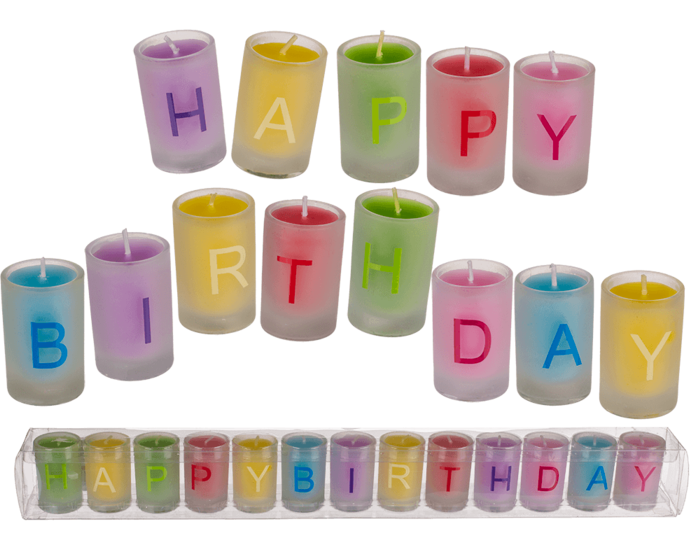 Farbige Kerze im Glas, Happy Birthday, ca. 3 x 5 cm