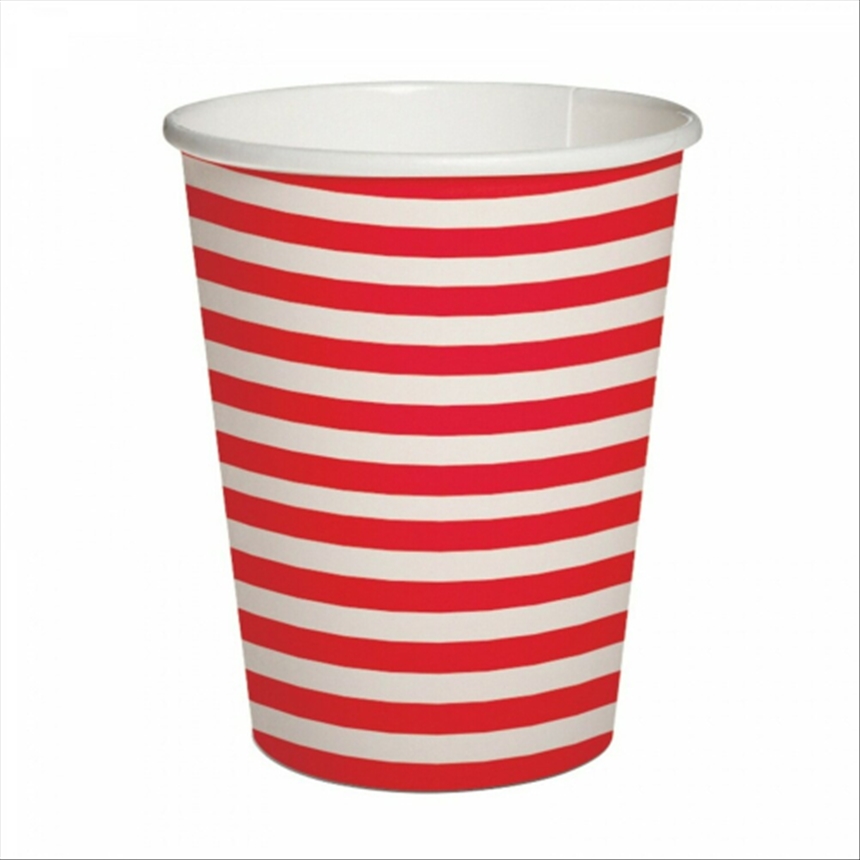 Pappbecher 10x Streifen weiss/rot, 9.5x5.5x8cm - 0.25l