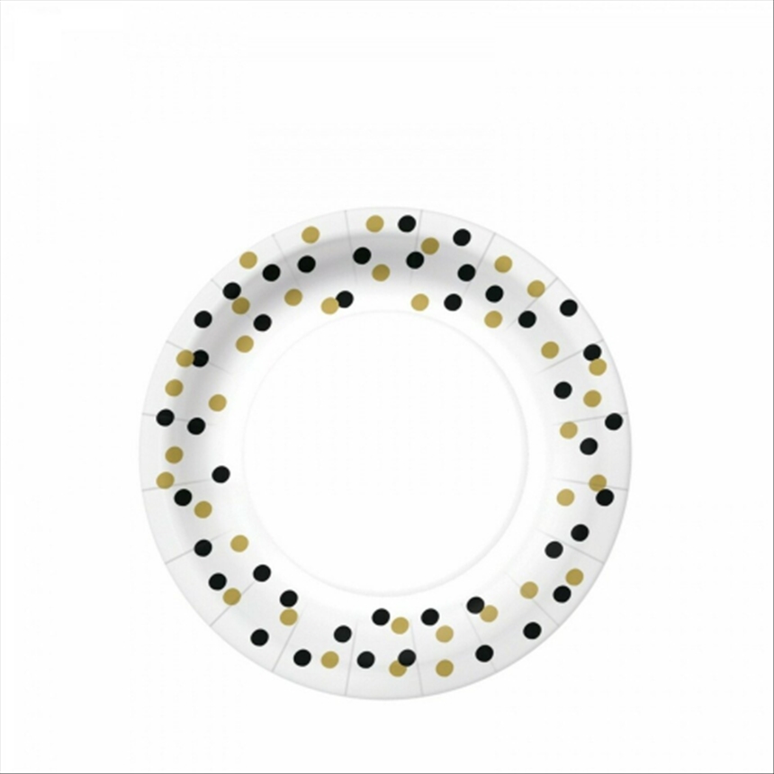 Pappteller 10x Konfetti gold/schwarz, 18x18cm