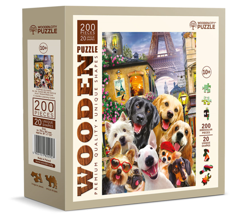 Puzzle Holz M Puppies in Paris 200 Teile, aussergew&amp;#246;hnliche Formen, 25.4x18.2 cm