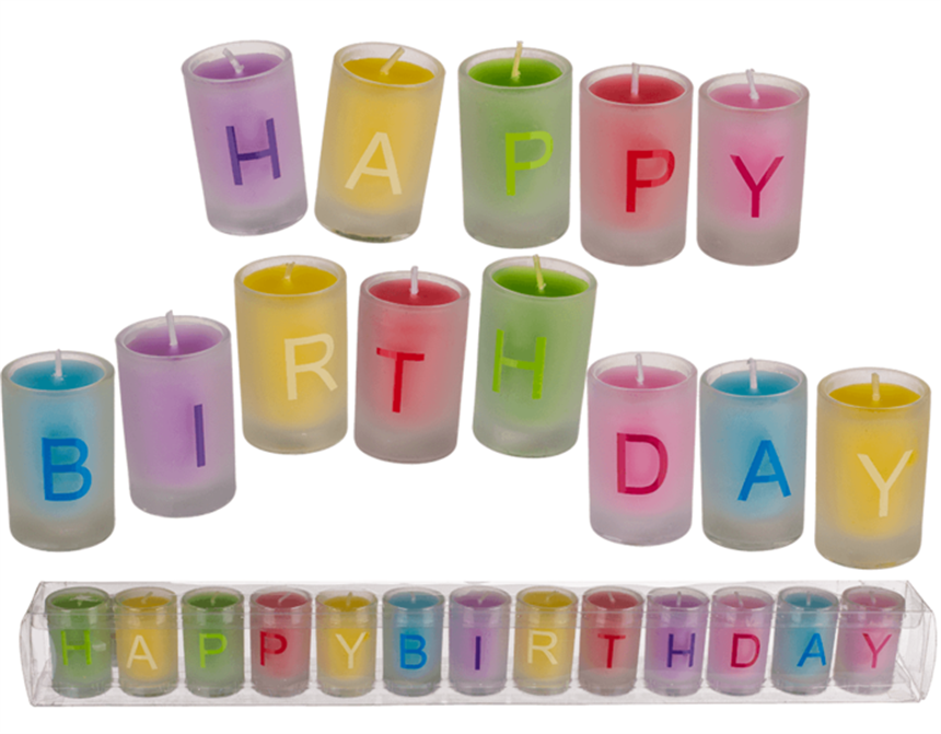 Farbige Kerze im Glas, Happy Birthday, ca. 3 x 5 cm