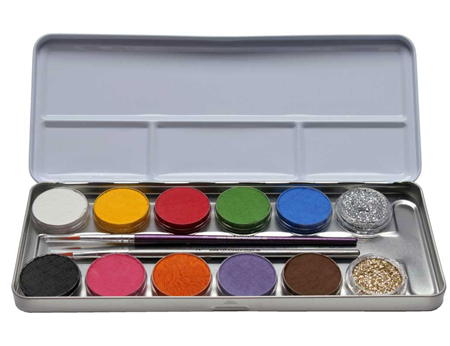Schminkpalette 12-er Metallbox, 10 Farben und 2 Glitter, Pinsel, Pads