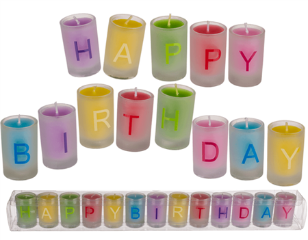 Farbige Kerze im Glas, Happy Birthday, ca. 3 x 5 cm