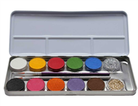 Schminkpalette 12-er Metallbox, 10 Farben und 2 Glitter, Pinsel, Pads